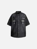 DAXUEN Oversized denim button-up shirt with reflective designs