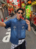 DAXUEN Oversized denim button-up shirt with reflective designs — model photo