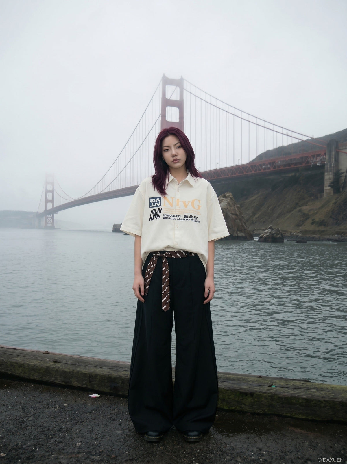 DAXUEN Oversized short-sleeve button-up shirt with graphic print — model photo
