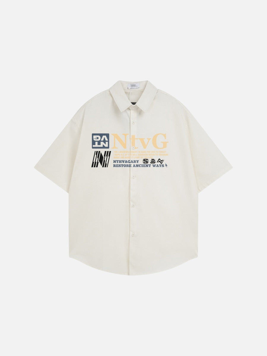 DAXUEN Oversized short-sleeve button-up shirt with graphic print — model photo