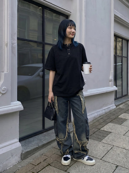 DAXUEN Oversized short-sleeved Henley t-shirt — model photo