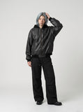 DAXUEN Oversized hooded bomber jacket in black faux leather — model photo