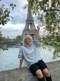 DAXUEN Oversized sports jersey t-shirt in navy blue and light blue — model photo
