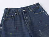 DAXUEN blue distressed paint-splatter denim shorts