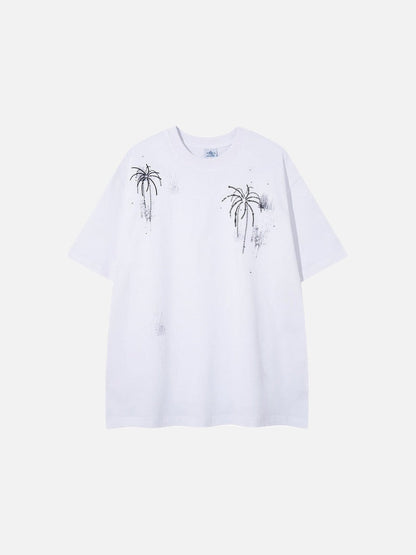DAXUEN Oversized crew neck t-shirt with palm tree graphics