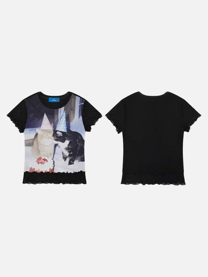 DAXUEN Black slim-fit short-sleeved T-shirt with cat print