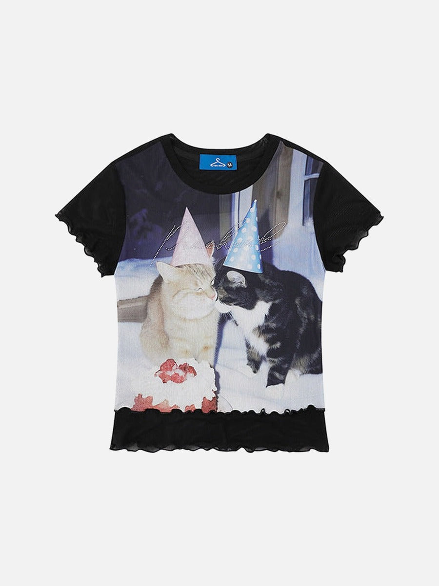 DAXUEN Black slim-fit short-sleeved T-shirt with cat print