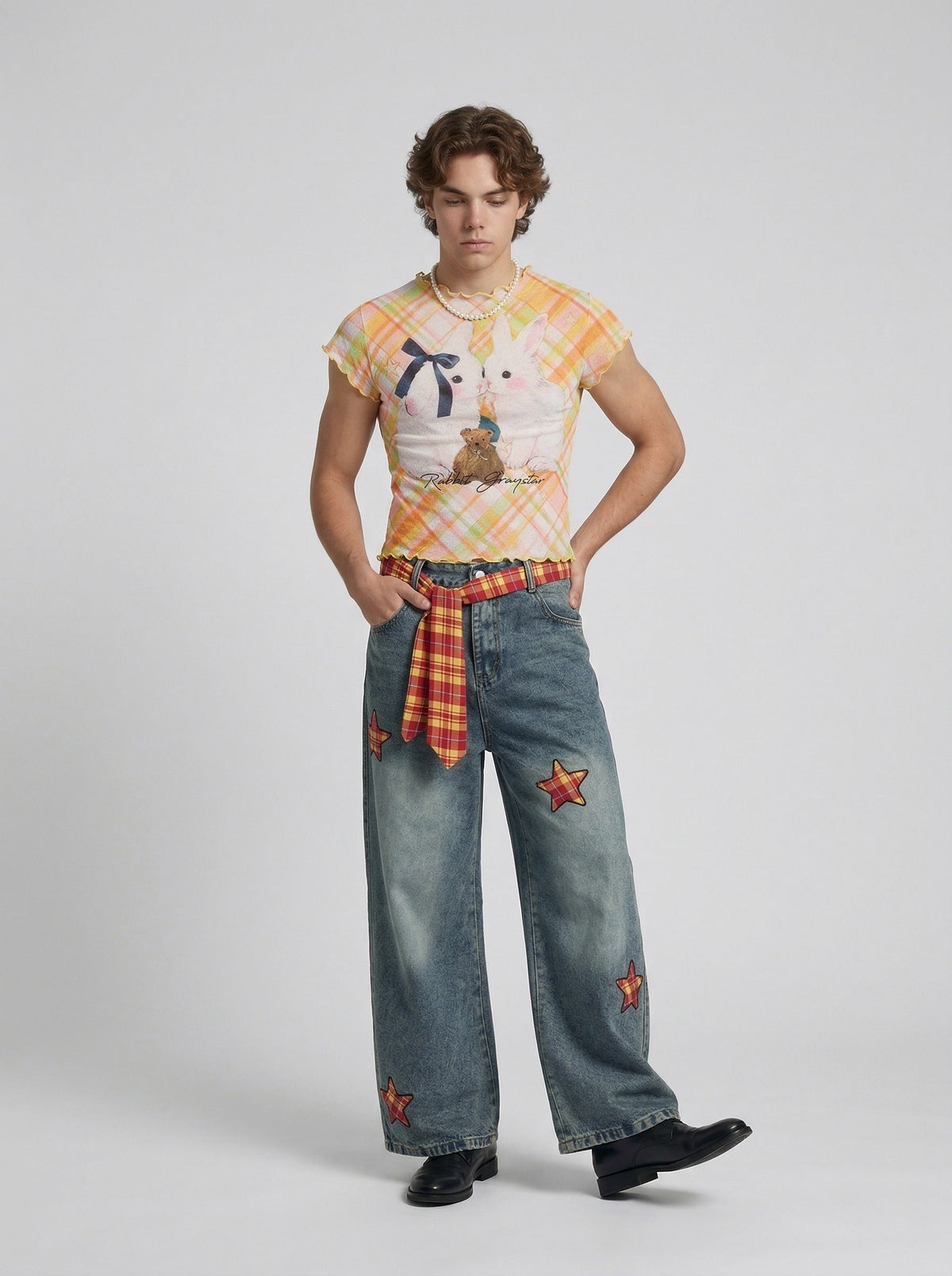 DAXUEN Women's pastel plaid rabbit graphic T-shirt — model photo