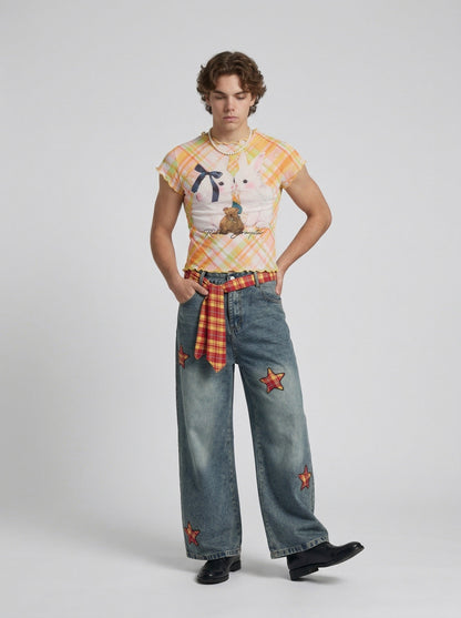 DAXUEN Women's pastel plaid rabbit graphic T-shirt — model photo