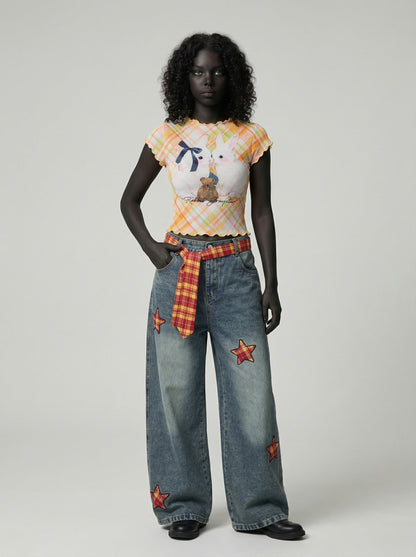 DAXUEN Women's pastel plaid rabbit graphic T-shirt — model photo