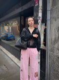 DAXUEN pastel pink and blue floral graphic wide-leg sweatpants — model photo