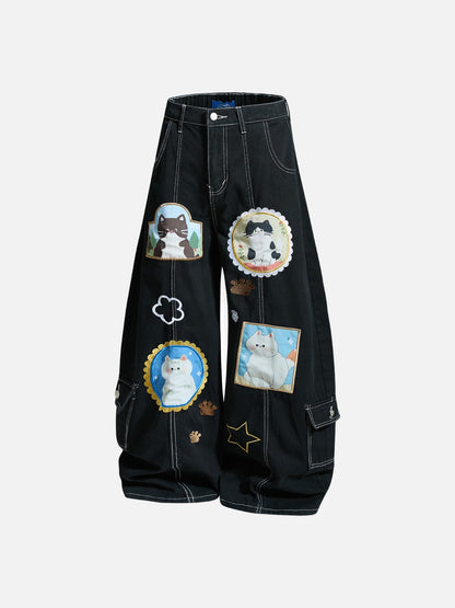 DAXUEN Black wide leg cargo pants with colorful cat patches