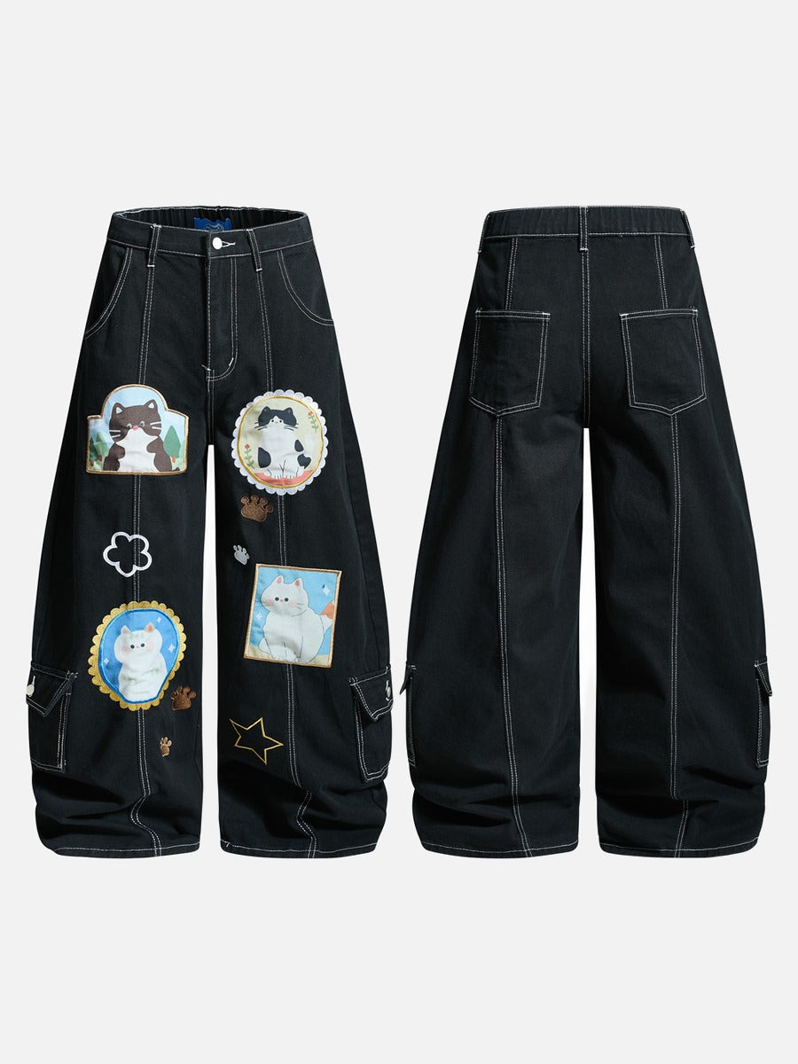 DAXUEN Black wide leg cargo pants with colorful cat patches