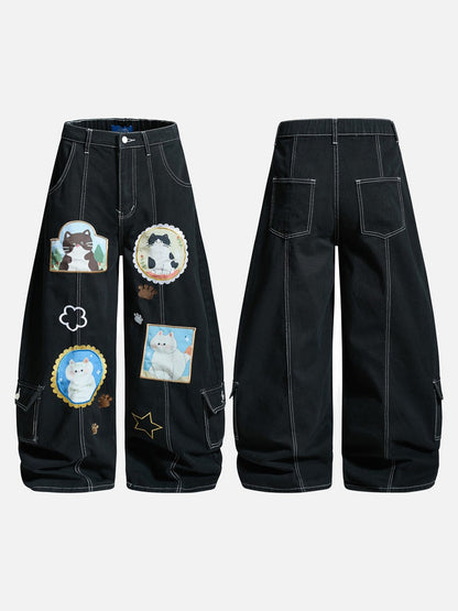 DAXUEN Black wide leg cargo pants with colorful cat patches