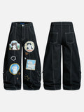 DAXUEN Black wide leg cargo pants with colorful cat patches