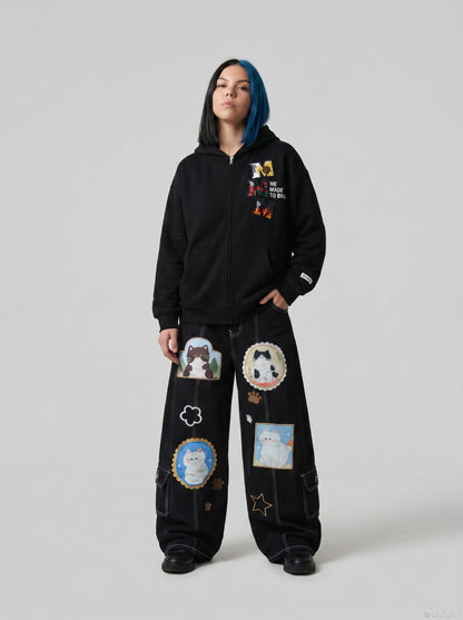 DAXUEN Black wide leg cargo pants with colorful cat patches — model photo