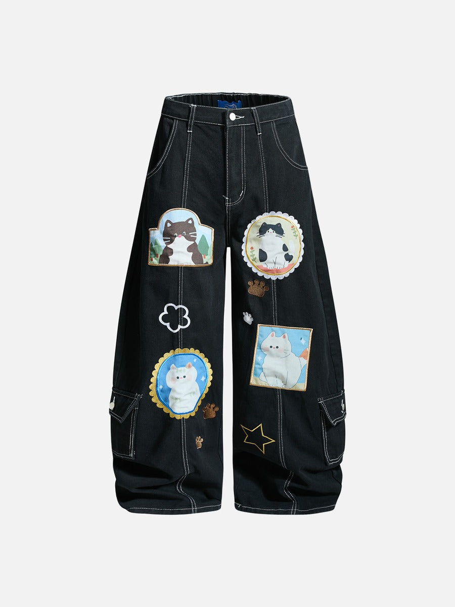 DAXUEN Black wide leg cargo pants with colorful cat patches