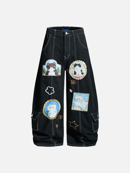 DAXUEN Black wide leg cargo pants with colorful cat patches