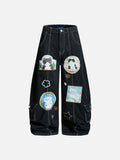 DAXUEN Black wide leg cargo pants with colorful cat patches