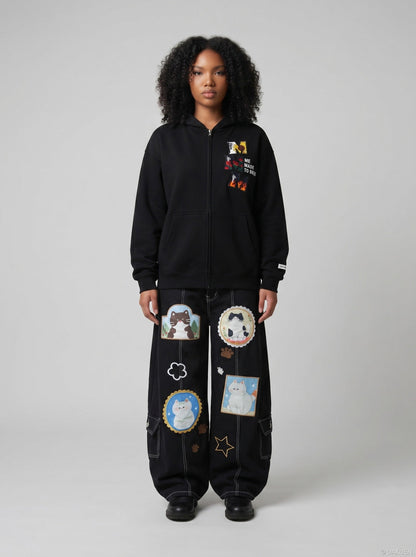 DAXUEN Black wide leg cargo pants with colorful cat patches — model photo