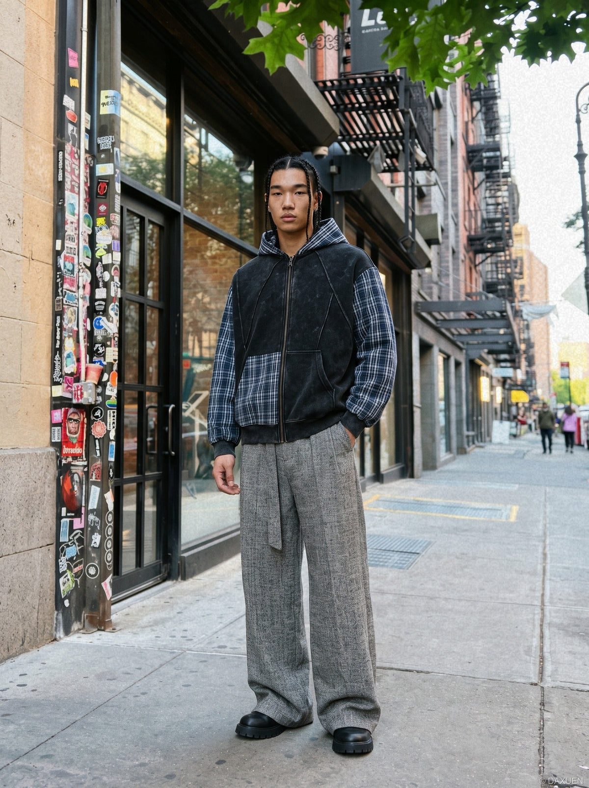 Patchwork Acid-Wash Fleece Hoodie