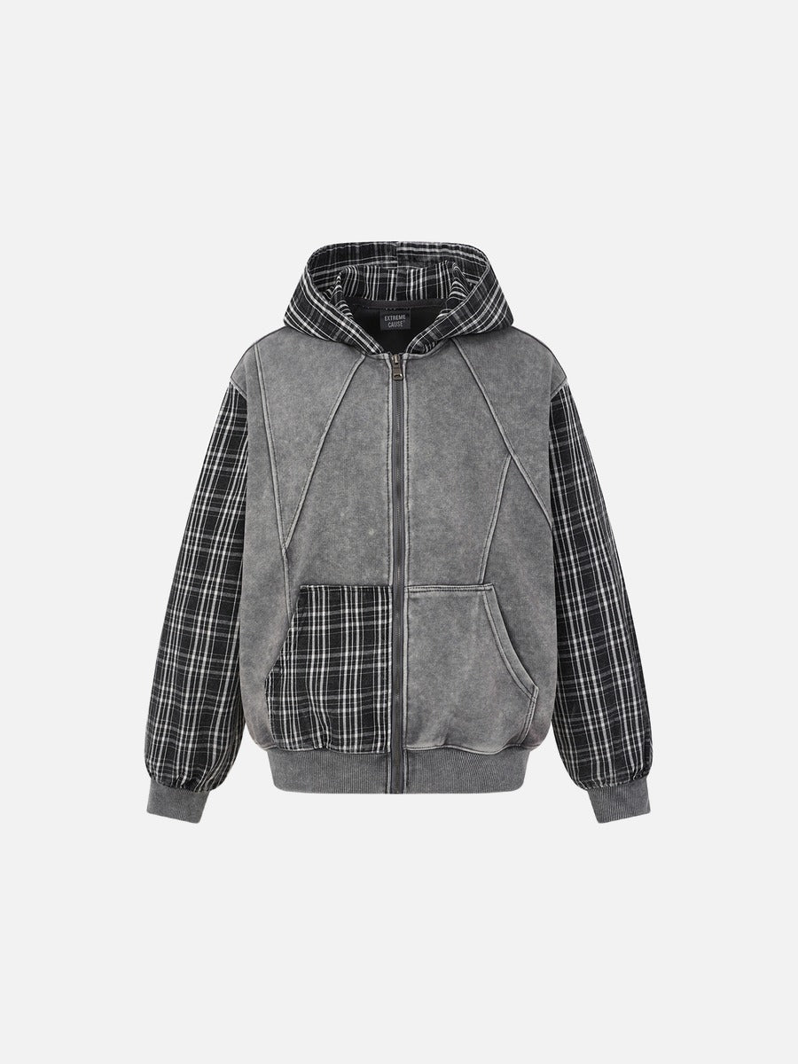 Patchwork Acid-Wash Fleece Hoodie