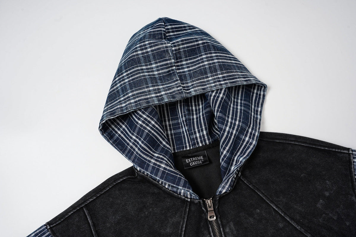 Patchwork Acid-Wash Fleece Hoodie