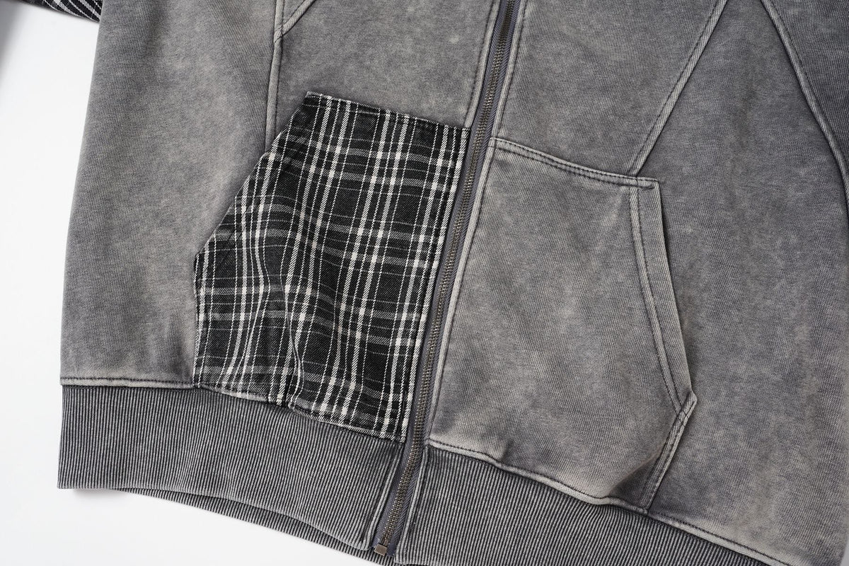 Patchwork Acid-Wash Fleece Hoodie