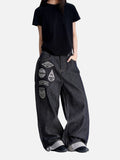 DAXUEN dark indigo wide-leg patchwork embroidered denim jeans