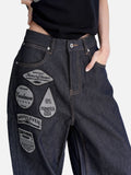 DAXUEN dark indigo wide-leg patchwork embroidered denim jeans