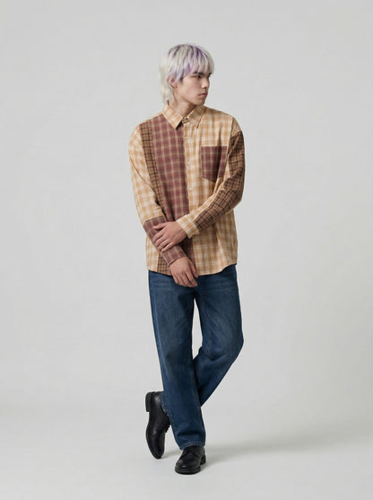 DAXUEN Long sleeve patchwork plaid button-up shirt — model photo