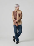 DAXUEN Long sleeve patchwork plaid button-up shirt — model photo