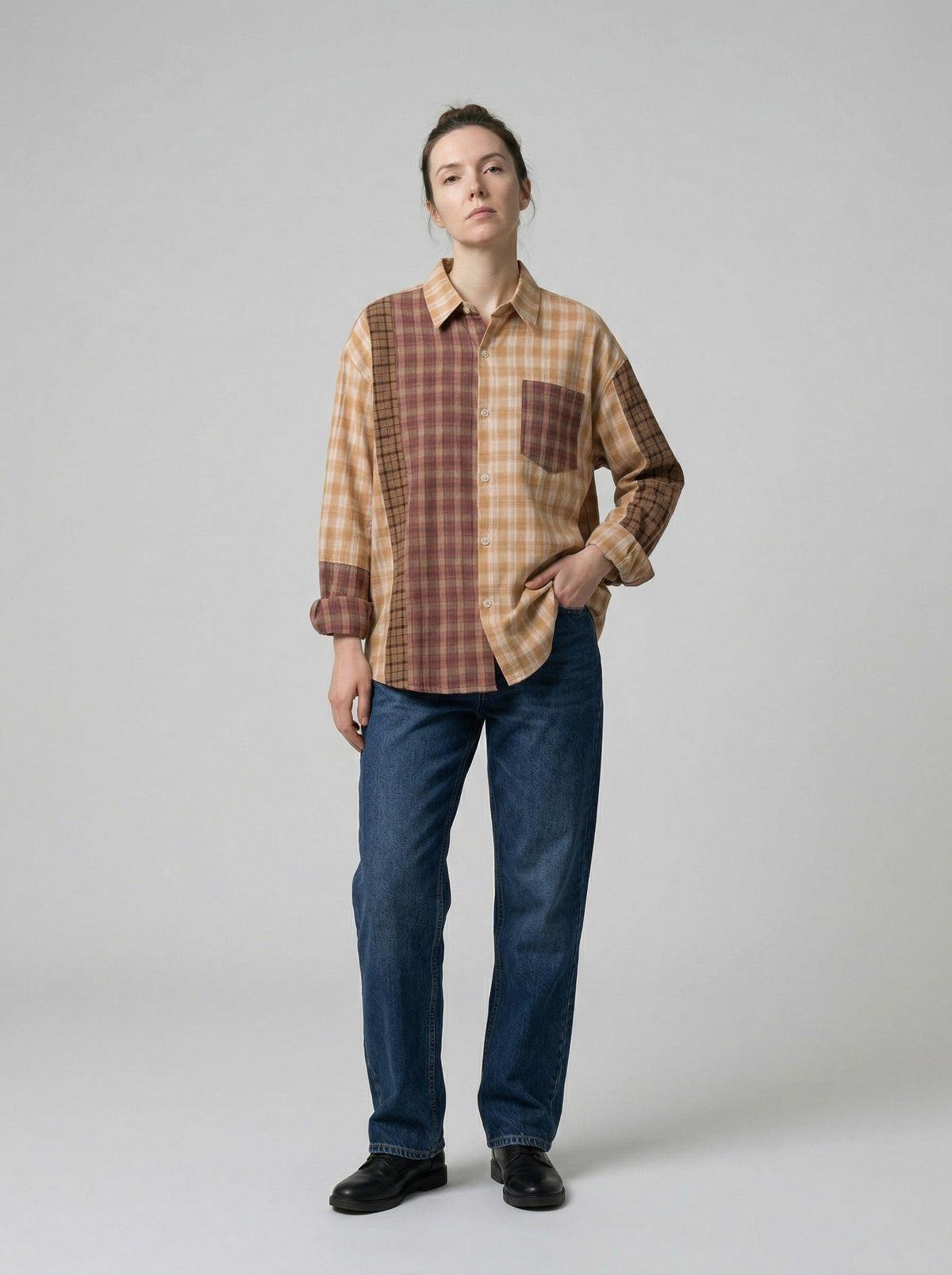 DAXUEN Long sleeve patchwork plaid button-up shirt — model photo