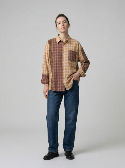 DAXUEN Long sleeve patchwork plaid button-up shirt — model photo