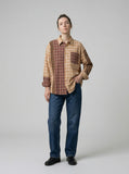 DAXUEN Long sleeve patchwork plaid button-up shirt — model photo