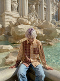 DAXUEN Long sleeve patchwork plaid button-up shirt — model photo