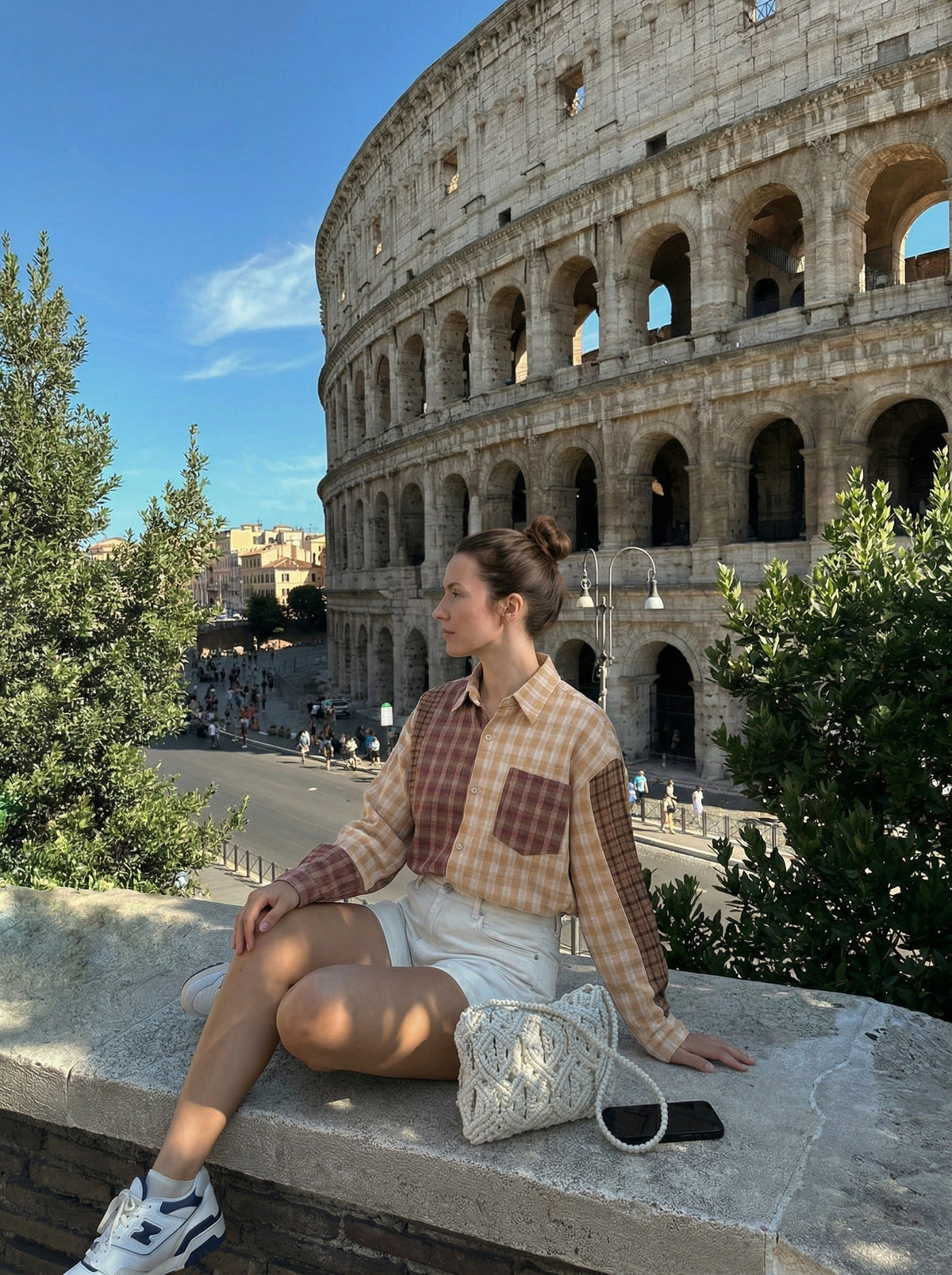 DAXUEN Long sleeve patchwork plaid button-up shirt — model photo