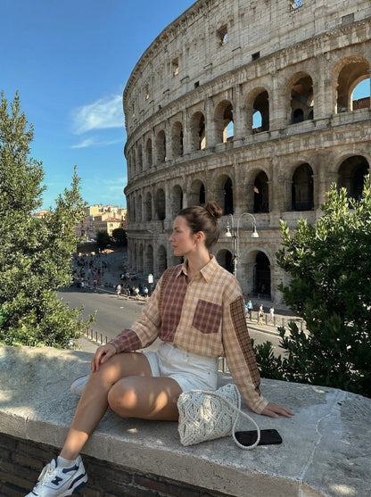 DAXUEN Long sleeve patchwork plaid button-up shirt — model photo