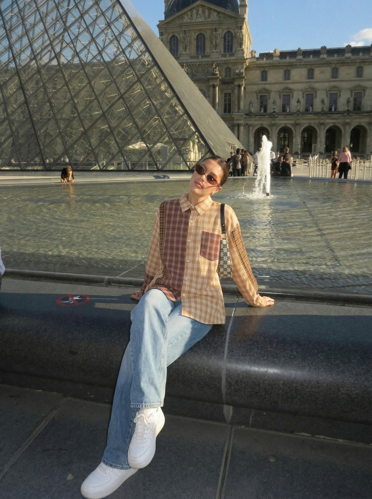 DAXUEN Long sleeve patchwork plaid button-up shirt — model photo
