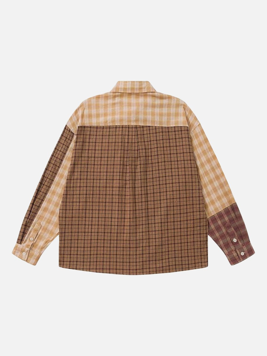 DAXUEN Long sleeve patchwork plaid button-up shirt