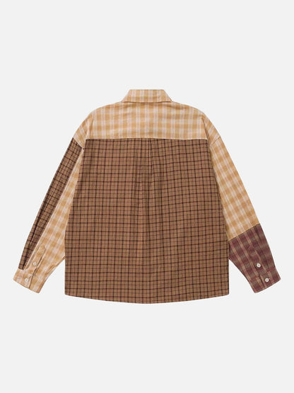 DAXUEN Long sleeve patchwork plaid button-up shirt