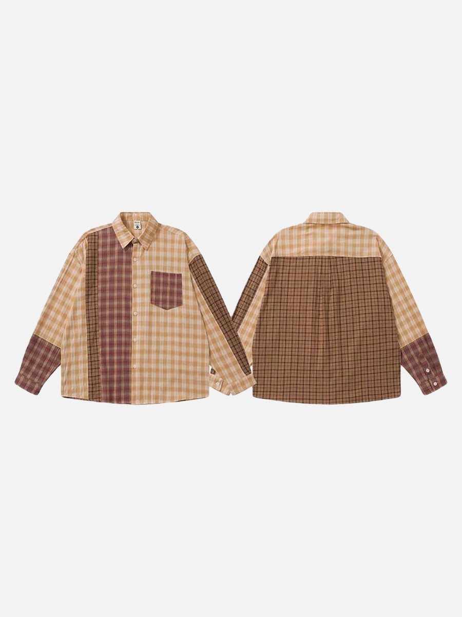 DAXUEN Long sleeve patchwork plaid button-up shirt