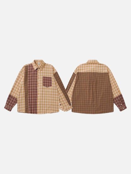 DAXUEN Long sleeve patchwork plaid button-up shirt
