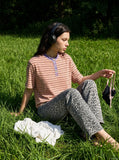 DAXUEN Peach striped short sleeve Henley t-shirt — model photo