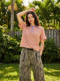DAXUEN Peach striped short sleeve Henley t-shirt — model photo