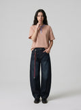 DAXUEN Peach striped short sleeve Henley t-shirt — model photo