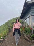 DAXUEN pink and blue plaid bomber jacket — model photo