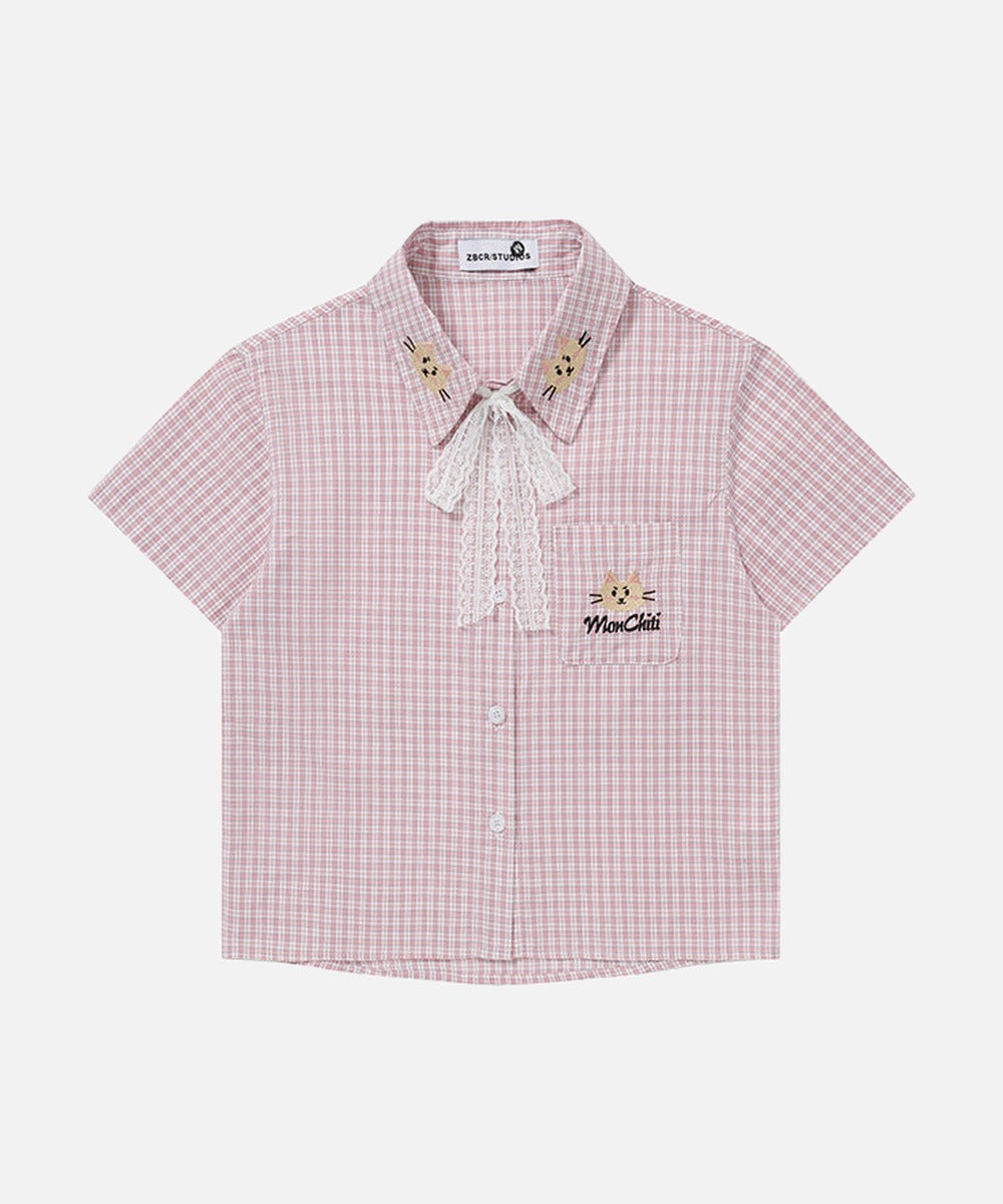 DAXUEN Pink plaid short-sleeved collared shirt with cat embroidery