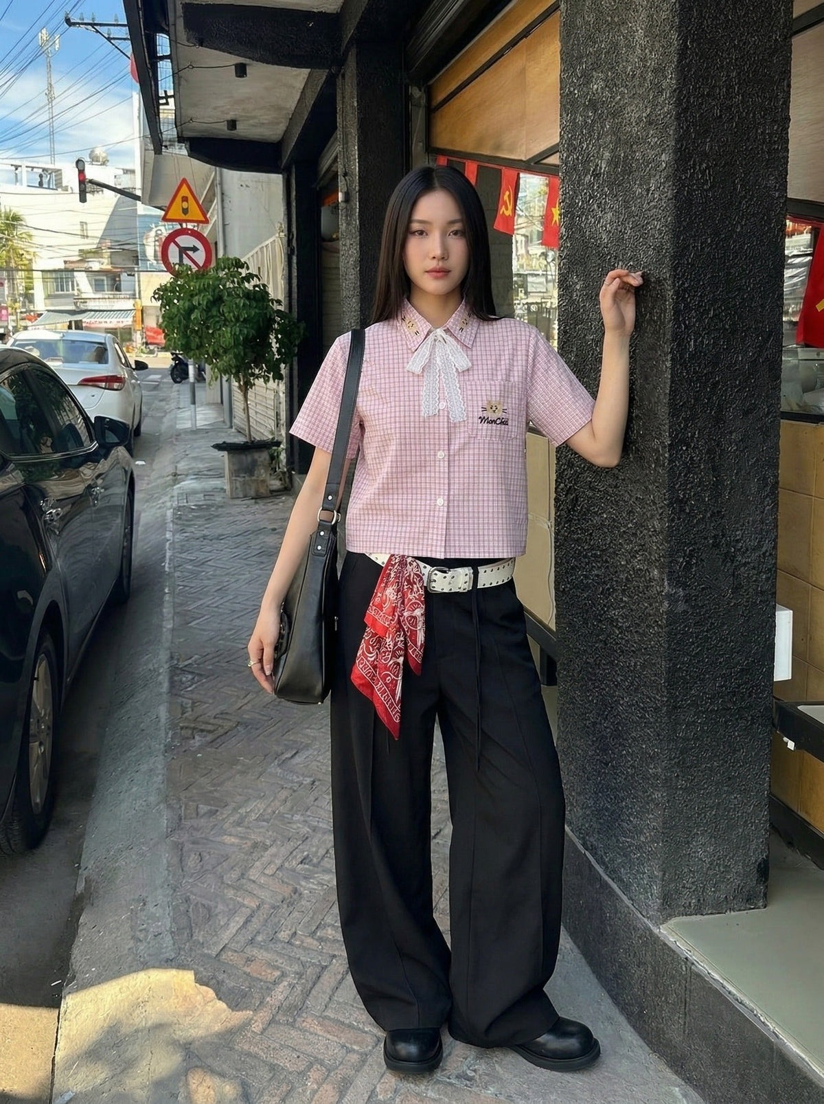 DAXUEN Pink plaid short-sleeved collared shirt with cat embroidery — model photo