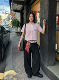 DAXUEN Pink plaid short-sleeved collared shirt with cat embroidery — model photo